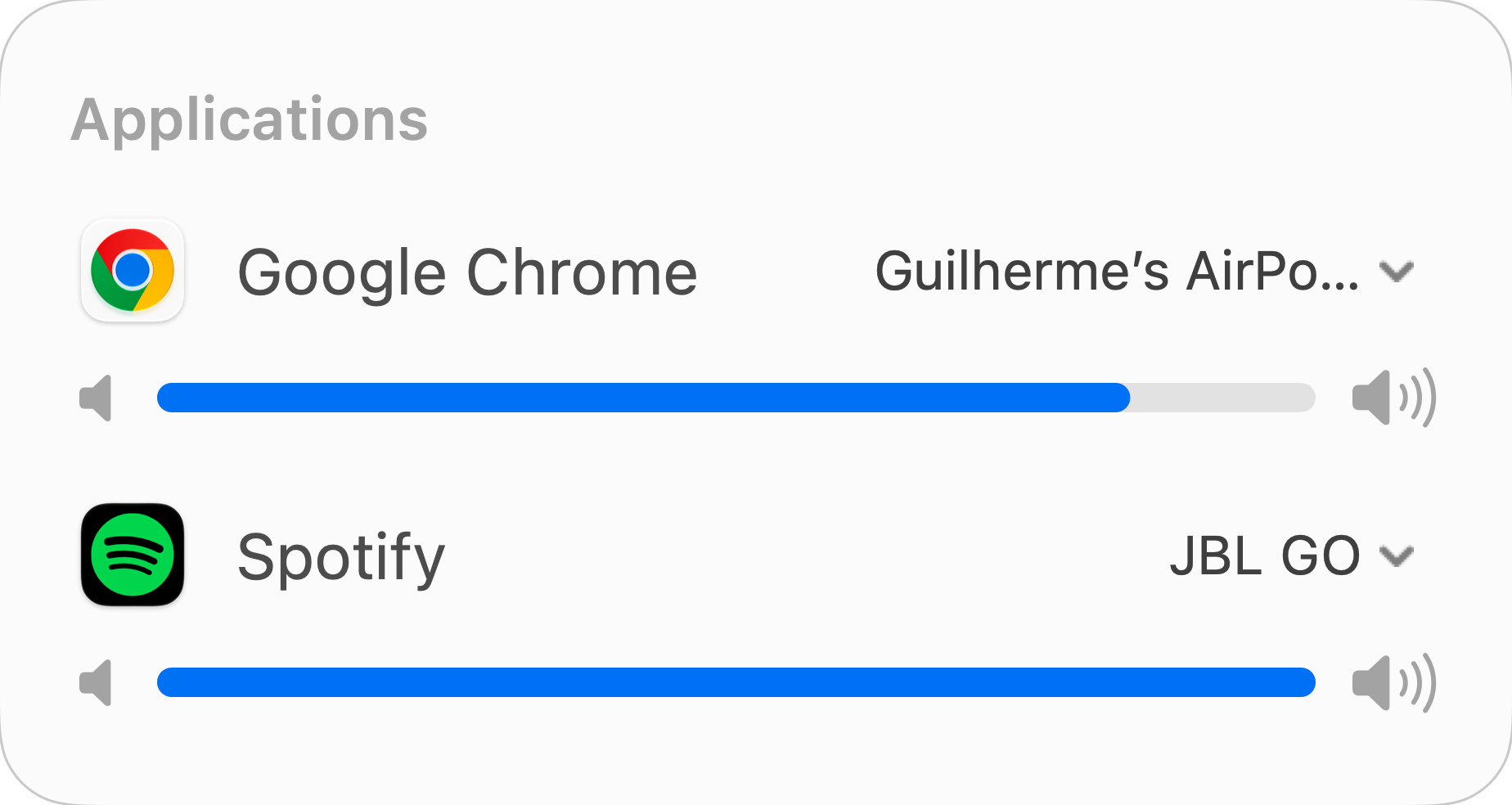 Spotify set to JBL GO and Chrome set to AirPods in Apoo