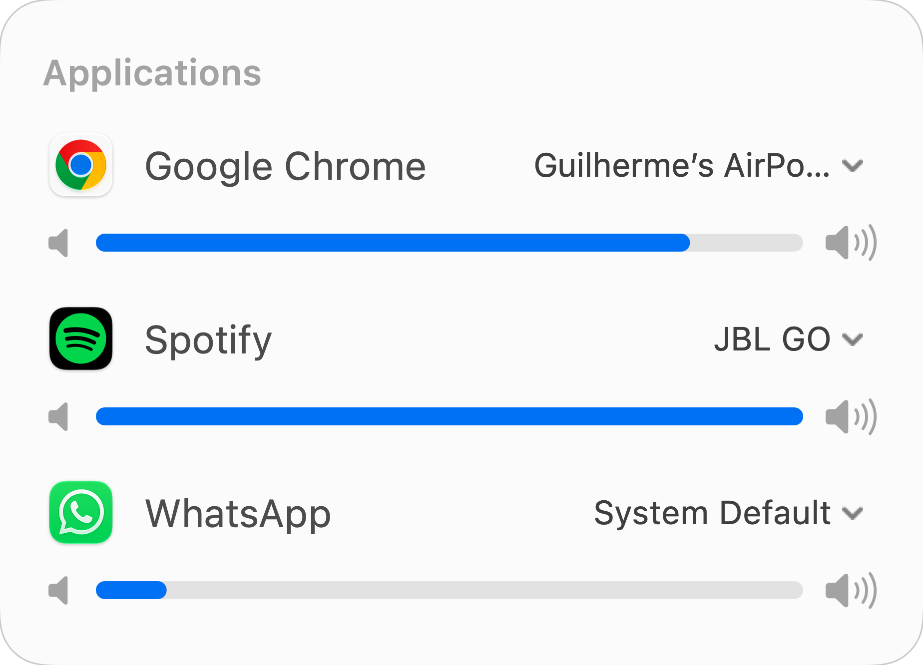 Independent volume levels for Chrome, Spotify and WhatsApp