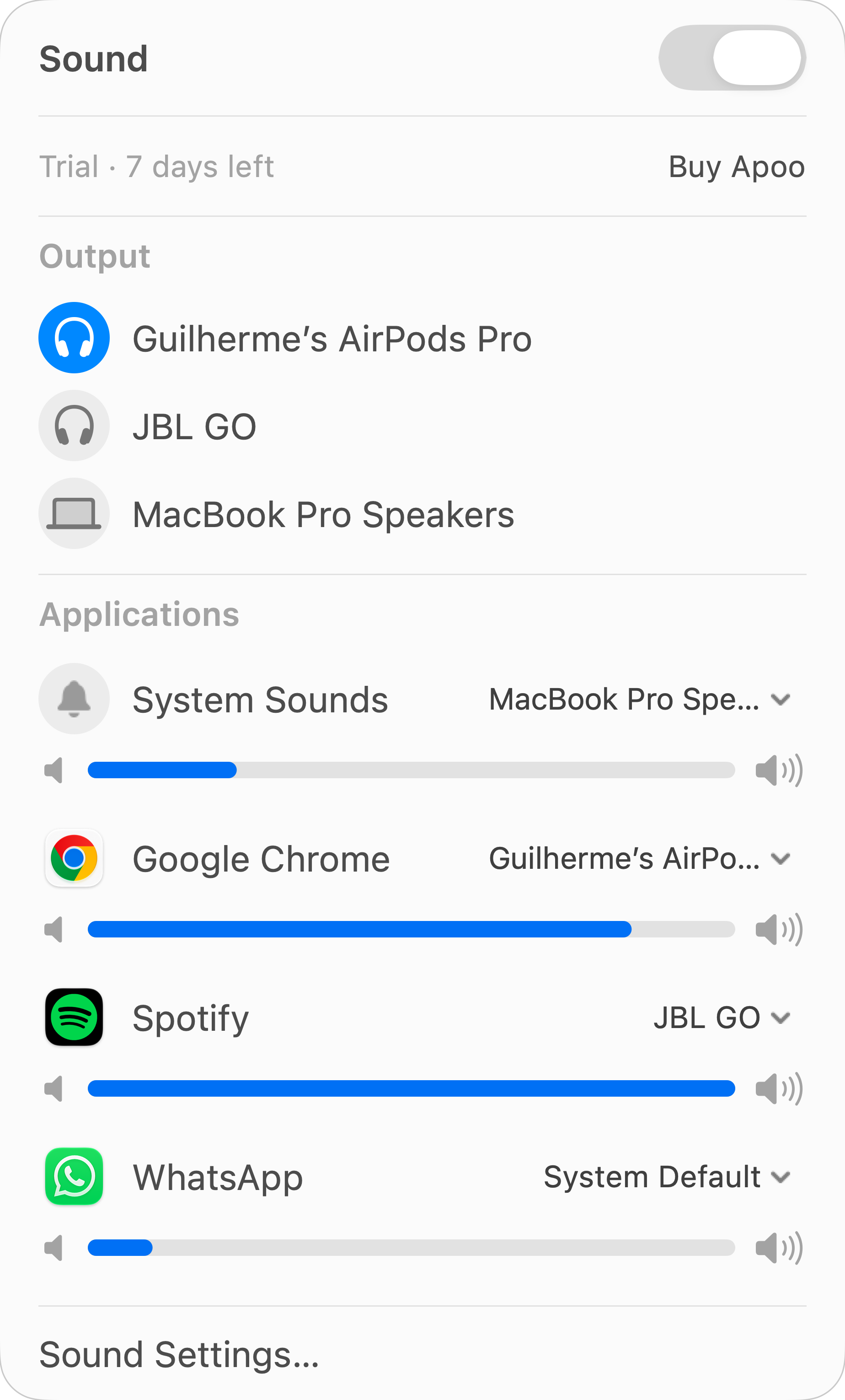 Apoo showing independent app volumes, Spotify routed to JBL GO and Google Chrome routed to AirPods